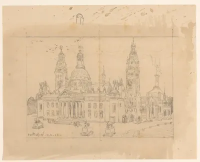 Ontwerp voor een spotprent op een ontwerp voor het Vredespaleis
