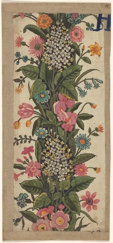Ontwerp voor een staande rand van bladeren, seringen en andere bloemen, voor een gedrukte stof (toile de Jouy)