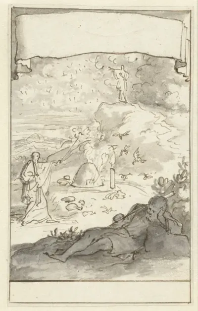Ontwerp voor een titelblad met drie scènes uit het leven van Abraham