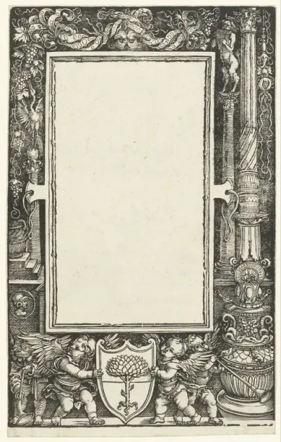 Ontwerp voor een titelblad met ornamentale lijst en wapen van Willibald Pirckheimer