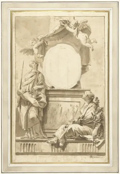 Ontwerp voor een titelblad met Pax en Justitia