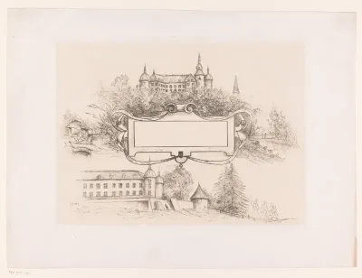 Ontwerp voor een titelblad met twee gezichten op een kasteel