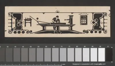 Ontwerp voor een titelhoofd met een man aan een werktafel