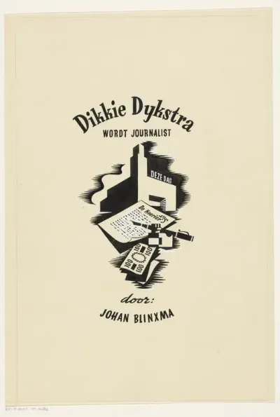 Ontwerp voor een titelpagina voor: Johan Blinxma, Dikkie Dijkstra wordt journalist, c. 1947