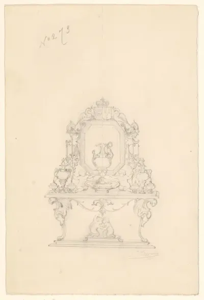 Ontwerp voor een toilettafel met een spiegel en toebehoren, vermoedelijk voor de hertogin van Parma