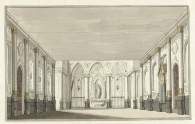 Ontwerp voor een toneeldecor van een kerkinterieur