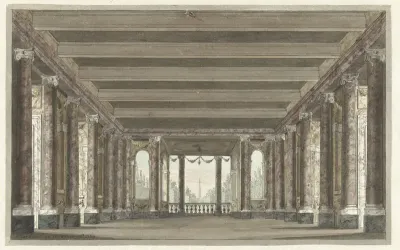 Ontwerp voor een toneeldecor van een zuilengalerij met loggia