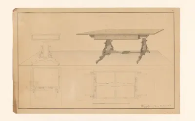 Ontwerp voor een uitklaptafel met zijaanzicht en plattegronden onder beide aanzichten