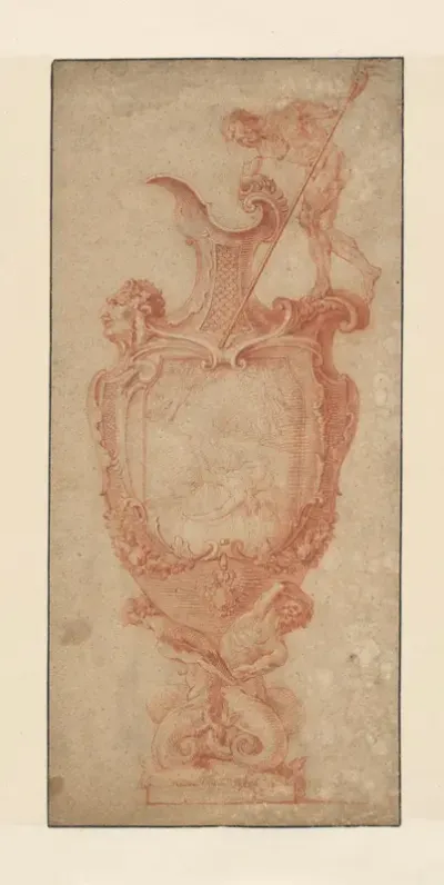 Ontwerp voor een vaas met de neergestorte Phaeton en een oor in de vorm van Neptunus met drietand