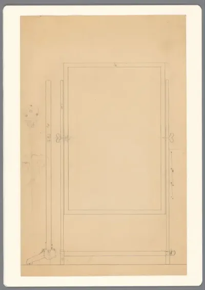 Ontwerp voor een verstelbaar haardscherm, voor en zijaanzicht en details. Verso: Details van haardschermen