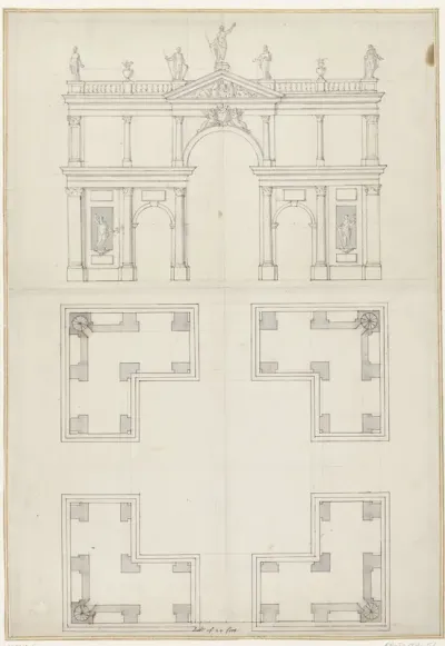 Ontwerp voor een vierkante porticus, kruisgewijs doorsneden, op de balustrade en in nissen standbeelden