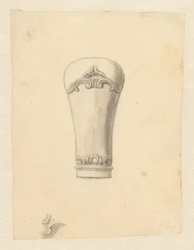 Ontwerp voor een wandelstokknop met geschulpte randen, met linksonder een detail van randen