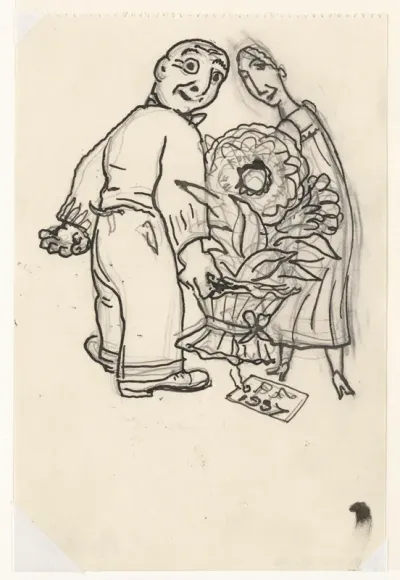 Ontwerp voor een wenskaart voor 1937 van Leo Gestel en An Overtoom