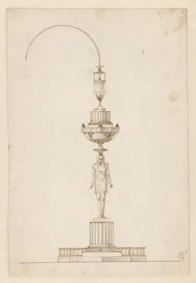 Ontwerp voor een zilveren olielamp met een Egyptische figuur