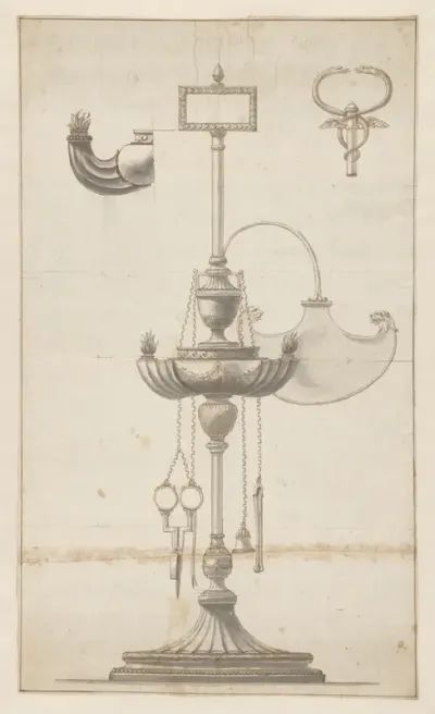 Ontwerp voor een zilveren olielamp, met variaties voor het bekronende element en de vlammenhouder