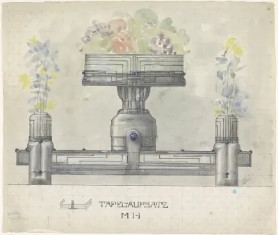 Ontwerp voor een zilveren tafelstuk, versierd met bloemen en fruit