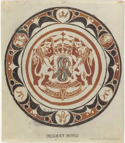 Ontwerp voor gedenkbord van de Koninklijke Paketvaart Maatschappij bij de geboorte van prinses Juliana in 1909