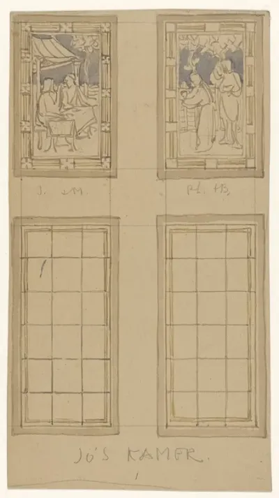 Ontwerp voor glasschildering met Jupiter en Mercurius, rechts Philemon en Baucis