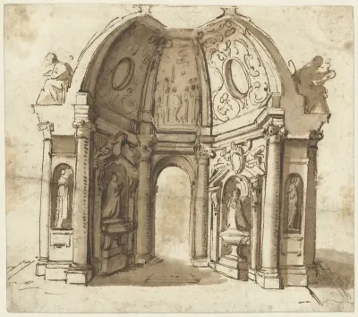Ontwerp voor grafkapel met aan weerszijden een tombe