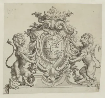 Ontwerp voor het bekroonde wapen Salm-Reifferscheidt-Dyck in een ornamentele cartouche
