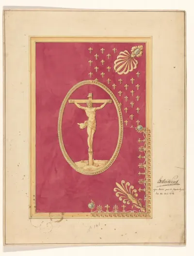 Ontwerp voor het beslag van een boekband, met Christus aan het kruis