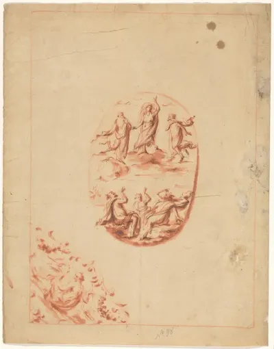 Ontwerp voor het beslag van een boekdeksel, met de hemelvaart van Christus en de evangelist Johannes