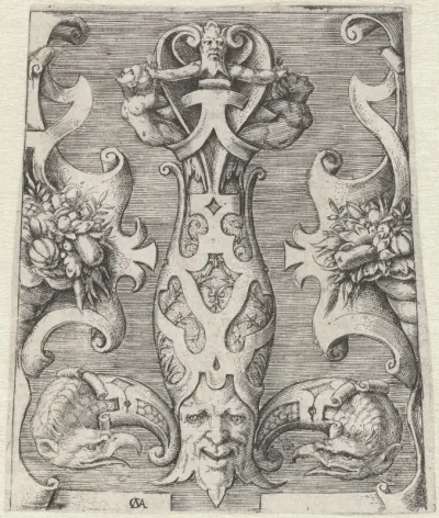 Ontwerp voor het gevest van een degen in een omlijsting van rolwerk