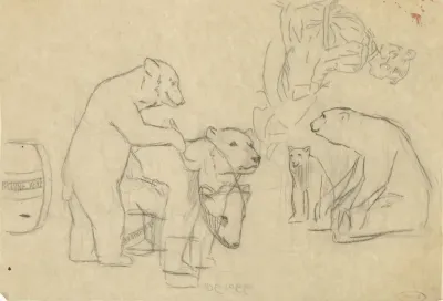 Ontwerp voor illustratie in De Amsterdammer: beren verven zich met bruine verf (24 April 1926)
