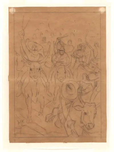 Ontwerp voor illustratie in De Amsterdammer: Boeren rijdend op koeien (2 Maart 1902)
