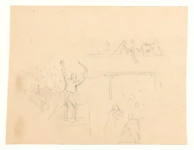 Ontwerp voor illustratie in De Amsterdammer: dirigent voor een concertzaal (op de verso een staande naakte figuur) (7 December 1918)