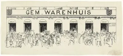 Ontwerp voor illustratie in De Amsterdammer: drommen mensen voor het Gem. Warenhuis (26 Juni 1920)