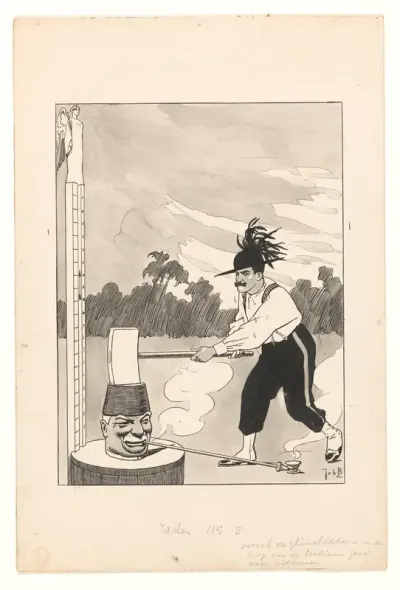 Ontwerp voor illustratie in De Amsterdammer: Een Italiaan slaat op de Kop van Jut (5 Mei 1912)