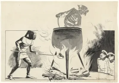 Ontwerp voor illustratie in De Amsterdammer: een man in een ketel met stoker en toekijkers (1 Juni 1918)
