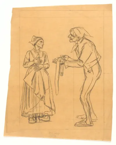 Ontwerp voor illustratie in De Amsterdammer: een man met een riem staande voor een vrouw op klompen (6 April 1918)
