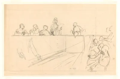 Ontwerp voor illustratie in De Amsterdammer: een rechtzaal met een man in het beklaagdenbankje (14 Februari 1920)