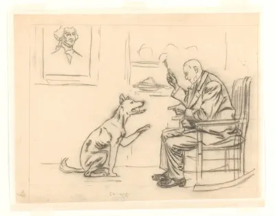 Ontwerp voor illustratie in De Amsterdammer: een zittende man houdt een hond een hapje voor (9 Augustus 1919)