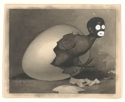 Ontwerp voor illustratie in De Amsterdammer: een zwarte man kruipt uit een ei (19 April 1930)