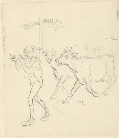 Ontwerp voor illustratie in De Amsterdammer: fluitspelende rattenvanger lokt koeien uit Nederland naar Duitsland (20 Mei 1916)