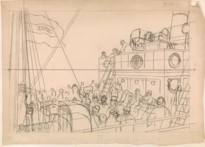 Ontwerp voor illustratie in De Amsterdammer: Het 2000ste nummer. Aan boord van De Amsterdammer