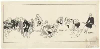 Ontwerp voor illustratie in De Amsterdammer: politieke partijen bouwen zandkastelen op het strand (15 Juni 1918)
