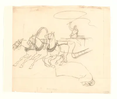 Ontwerp voor illustratie in De Amsterdammer: slede getrokken door drie paarden (24 Maart 1917)
