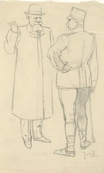 Ontwerp voor illustratie in De Amsterdammer: Twee pratende mannen (23 December 1906)