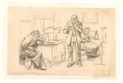 Ontwerp voor illustratie in De Amsterdammer: twee zittende figuren en een staande man met een beker Kwast (23 November 1918)