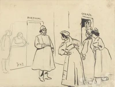 Ontwerp voor illustratie in De Amsterdammer: vier vrouwen voor een deur (Portugal) bewaakt door een agent (1 December 1907)