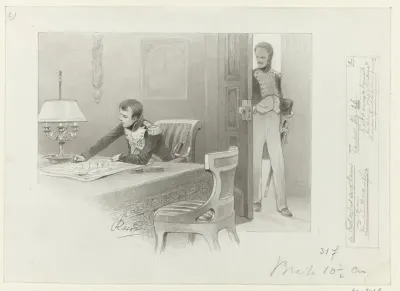 Ontwerp voor illustratie voor De Kolossus der Negentiende Eeuw door P.J. Andriessen (Textill., blz. 26); scène uit het leven van Napoleon, Interieur met Napoleon aan tafel