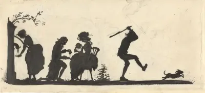 Ontwerp voor illustratie voor In Holland staat een huis: silhouet van de familie die de hond het huis uitjaagt
