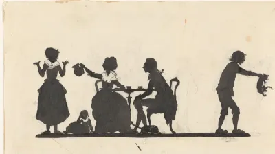 Ontwerp voor illustratie voor In Holland staat een huis: silhouet van de familie die de kat het huis uitjaagt
