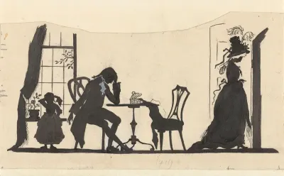 Ontwerp voor illustratie voor In Holland staat een huis: silhouet van de familie en de vrouw die vertrekt