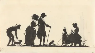 Ontwerp voor illustratie voor In Holland staat een huis: silhouet van de familie met de hond en de kat