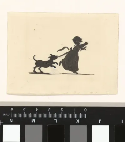Ontwerp voor illustratie voor In Holland staat een huis: silhouet van de hond die achter het meisje aanzit